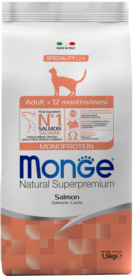 Корм для кошек Monge Cat Salmon Лосось 1.5кг Корм для кошек Monge Cat Salmon Лосось 1.5кг