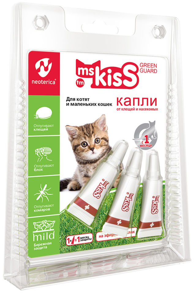 Капли репеллентные Ms. Kiss Green Guard для котят и маленьких кошек 1мл Капли репеллентные Ms. Kiss Green Guard для котят и маленьких кошек 1мл