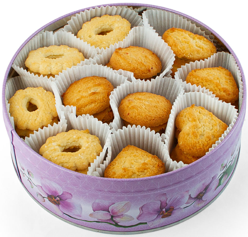 Печенье Regnum Орхидеи сдобное ассорти в сахарной обсыпке, с кусочками клубники, с кокосовой стружкой 400г