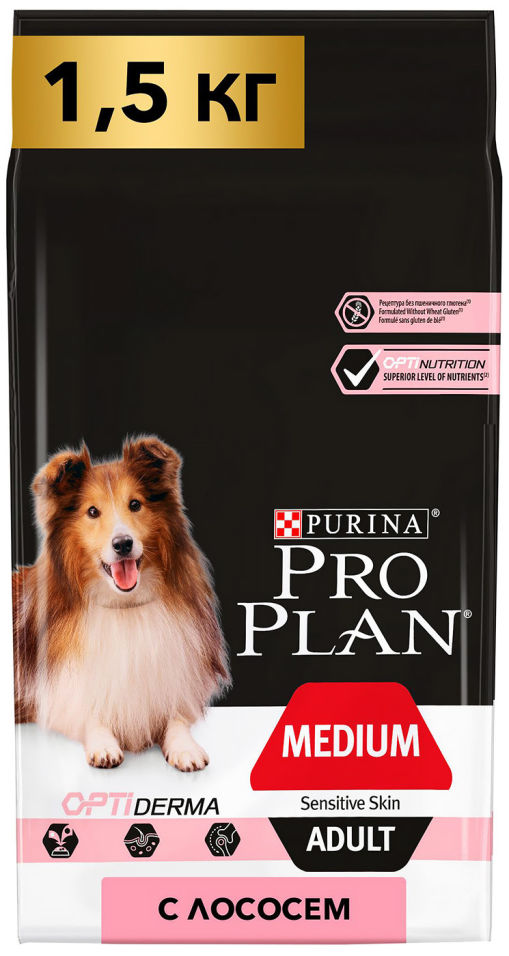 Сухой корм для собак Pro Plan Optiderma Medium Adult Sensitive с лососем и рисом 1.5кг Сухой корм для собак Pro Plan Optiderma Medium Adult Sensitive с лососем и рисом 1.5кг