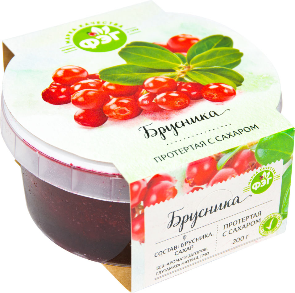 Брусника ФЭГ протертая с сахаром 200г