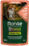 Влажный корм для стерилизованных кошек Monge BWild Grain Free беззерновой из лосося с креветками и овощами 85г