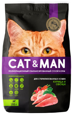 Сухой корм для кошек Cat&Man для стерилизованных кошек с курицей и овощами 350г