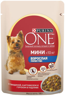 Корм для собак Purina One для активных собак с говядиной картофелем и морковью в подливе 85г