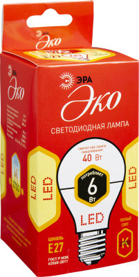 Лампа светодиодная Эра LED A55 E27 6Вт